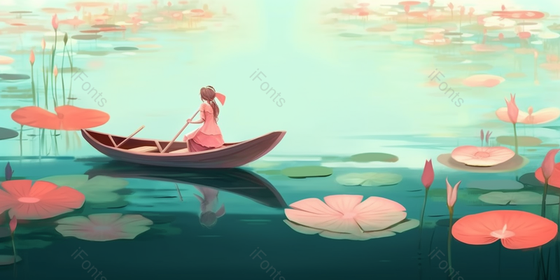 绿色粉色花朵荷塘泛舟插画背景,插画/手绘图,插画/手绘图库,插画/手绘图下载,插画/手绘